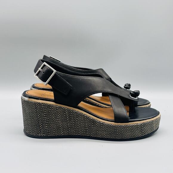 Donald J Pliner Sandals Womens 7 Black Leather Almee Slingback Wedge Platform - Picture 1 of 10